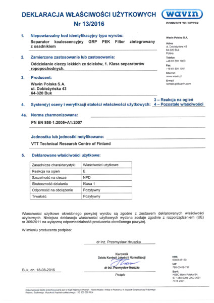 Deklaracja Właściwości Użytkowych 13_2016 Separator koalescencyjny GRP PEK Filter zintegrowany z osadnikiem.pdf