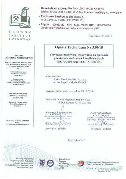 Opinia GIG Studzienki kanalizacyjne Tegra 600 i Tegra1000