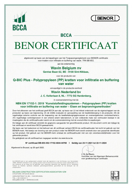 Certificaat BENOR PP NBN EN 17152-1 Q-Bic Plus - Polypropyleen (PP) kratten voor infiltratie en buffering van water (Hardenberg) - Geldig tot 22.11.2024