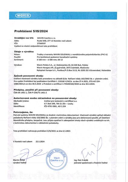 Prohlášení Wavin Solidwall PVC SN 12 - venkovní kanalizace 