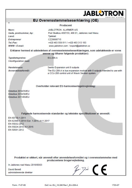 Overensstemmelseserklæring - Sentio expansion unit 8 outputs EU-208-A