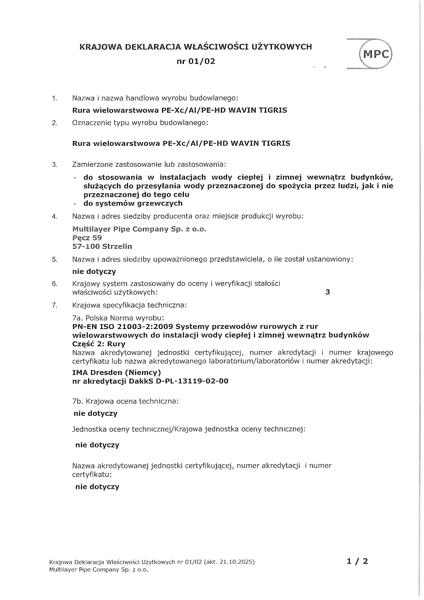 KDWU 01/02 Rury PE-Xc/Al/PE-HD Wavin Tigris