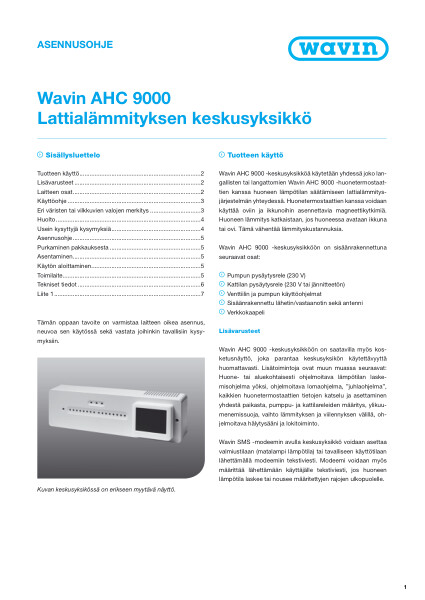 Asennusohje - AHC 9000 keskusyksikkö