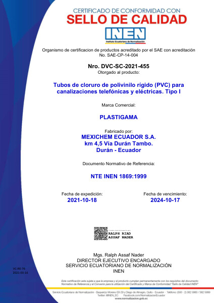 Sello Tubo PVC para Canalizaciones Telefónicas y Eléctricas Tipo I NTE INEN 1869