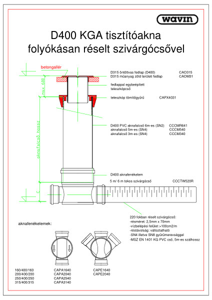 KGA tisztítóakna D400 folyókásan réselt szivárgócsővel CAD rajz