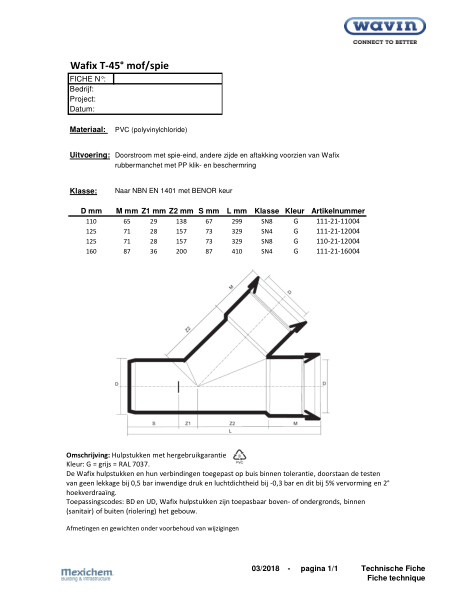 PVC Wafix T 45° ms