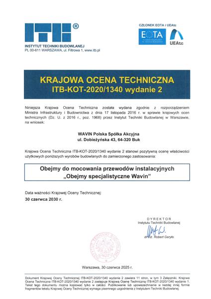 KOT ITB KOT_2020/1340 wyd. 2 Obejmy do mocowania przewodów instalacyjnych "Obejmy specjalistyczne Wavin"