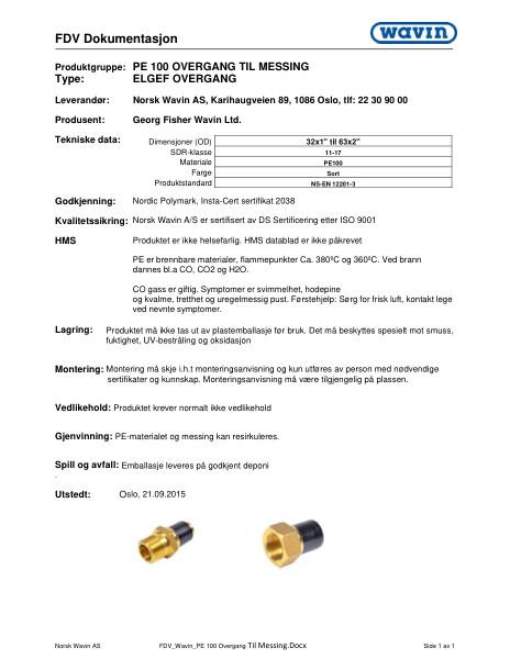 FDV Wavin PE 100 Overgang til messing