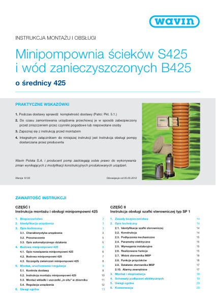 Instrukcja montażu Minipompownia ścieków S425 i wód zanieczyszczonych B425