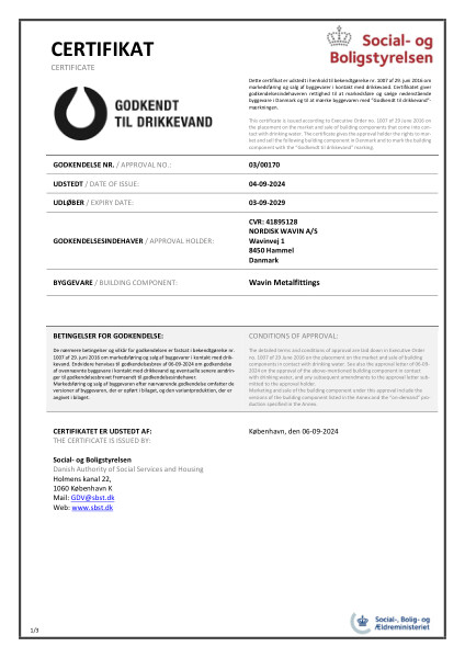 Godkendelse - No. 03/00170 - Godkendt til drikkevand - Wavin Metalfittings (fordelerrør)