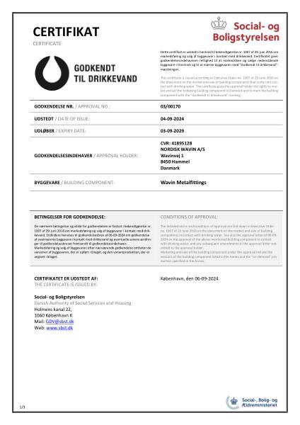 Godkendelse - No. 03/00170 - Godkendt til drikkevand - Wavin Metalfittings (fordelerrør)