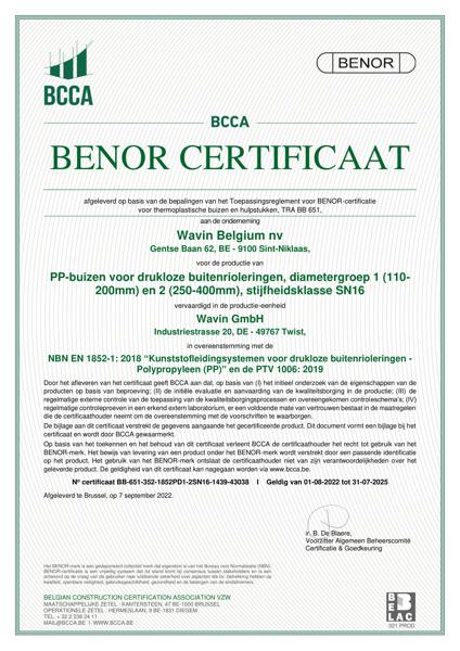Certificaat BENOR PP-buizen voor drukloze buitenrioleringen D1 en D2 SN16 Twist - Geldig tot 31-07-2025 - Test