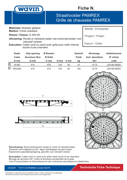 Technische fiche PAMREX straatrooster / Fiche technique grille de chaussée D=400kN