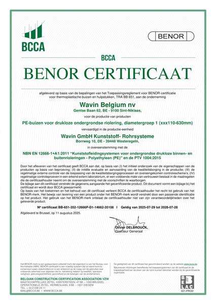 Certificaat BENOR PE EN 12666 PE-buizen voor drukloze ondergrondse riolering, D1 Westeregeln - Geldig tot 28-07-2028
