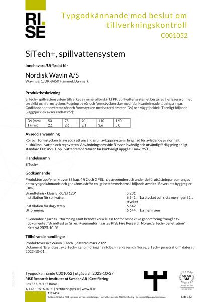 Typgodkännande - RISE No. C001052 - SiTech+, spillvatten