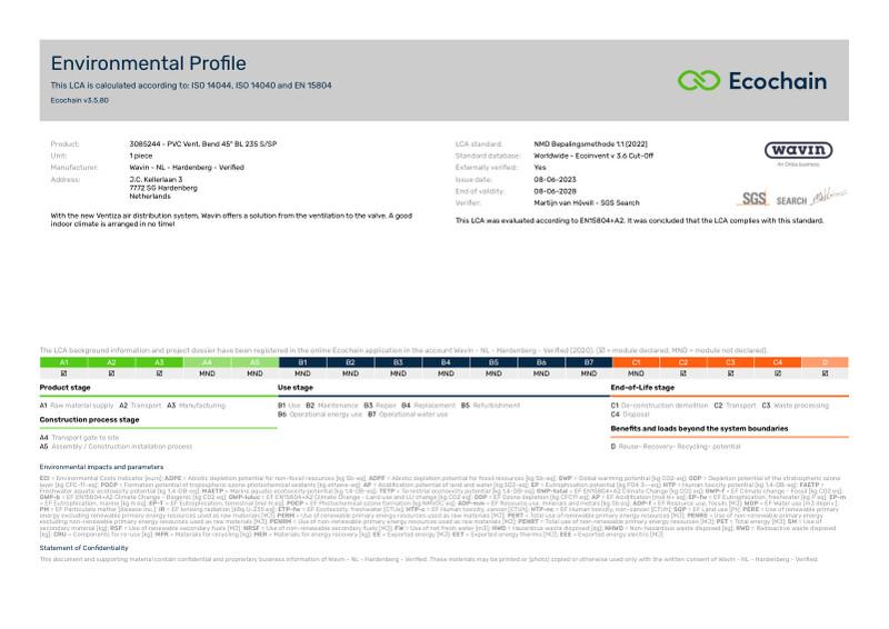 Wavin - NL - Hardenberg - Verified-3085244 - PVC Vent. Bend 45 BL 235 SSP-2020-environmental-profile 2023-07-07 1114
