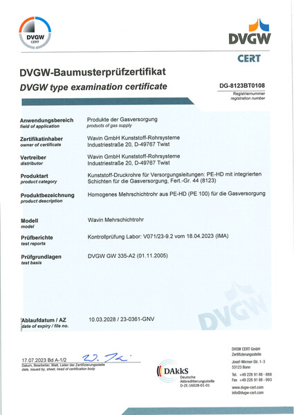 DVGW-Baumusterprüfzertifikat SafeTech Gasversorgung