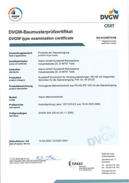 DVGW-Baumusterprüfzertifikat Wavin SafeTech Gasversorgung