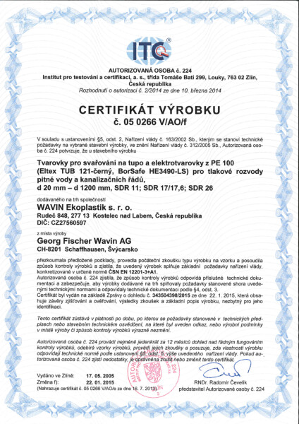 Certifikát PE tvarovky voda a kanalizace