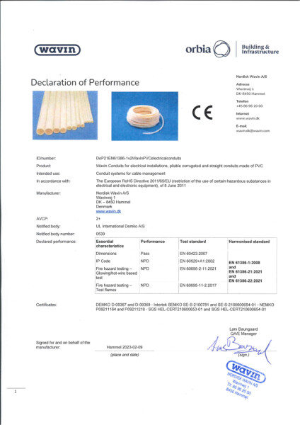 Ydeevnedeklaration - Wavin Conduits for electrical installations, pliable corrugated and straight conduits made of PVC – Vers. 2