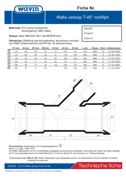 Technische fiche PVC Wafix T verloop 45° / Fiche technique PVC T 45° réduit