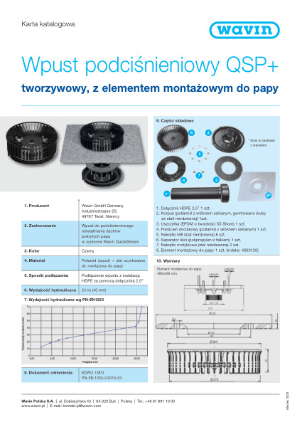 Karta katalogowa Wpust podciśnieniowy QSP+ tworzywowy, z elementem montażowym do papy