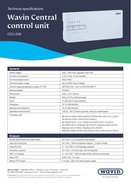 Wavin Sentio Central Control Unit Data Sheet