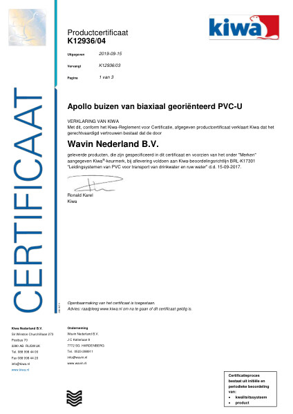 Certificaat Kiwa K12936/04 Apollo buizen van biaxiaal georiënteerd PVC-U