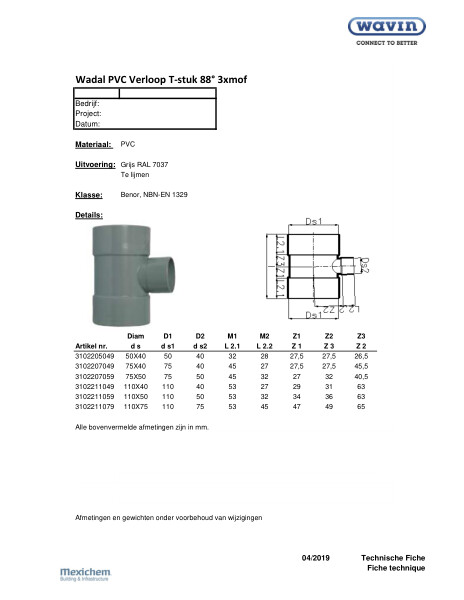 Technische fiche / Fiche technique Wadal PVC Verloop T-stuk 88° 3xmof / Wadal PVC T Réduit 88° 3xfemelle