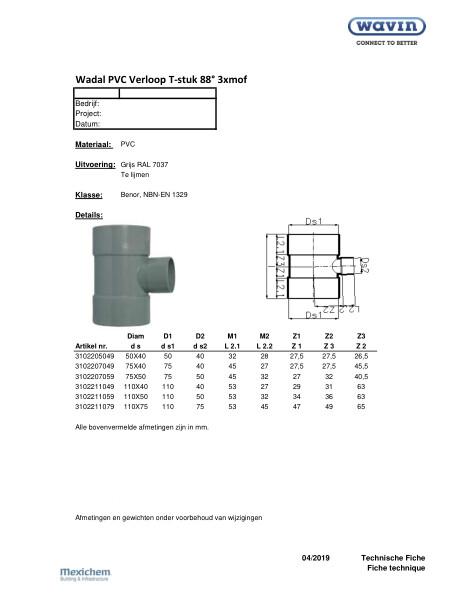 Technische fiche / Fiche technique Wadal PVC Verloop T-stuk 88° 3xmof / Wadal PVC T Réduit 88° 3xfemelle
