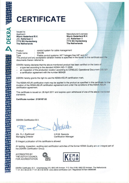 Certificaat KEMA-KEUR 2136167.02 Halogeenvrije buizen 5/8"en 3/4" (flex)