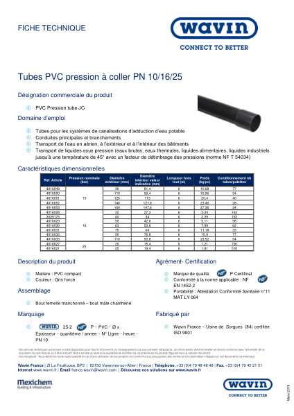 Fiche technique - Tube PVC pression à coller PN 10/16/25