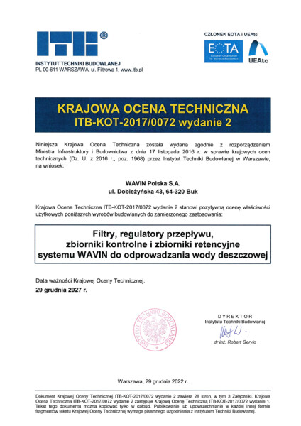 KOT ITB-KOT-2017/0072 wydanie 2 Filtry i regulatory przepływu