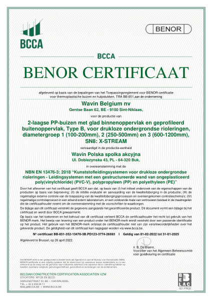 Certificaat BENOR PP EN 13476-3 X-Stream buizen SN8 Buk - Geldig tot 31.01.2025