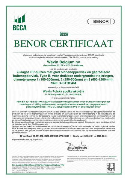 Certificaat BENOR PP EN 13476-3 X-Stream buizen SN8 Buk - Geldig tot 31.01.2028