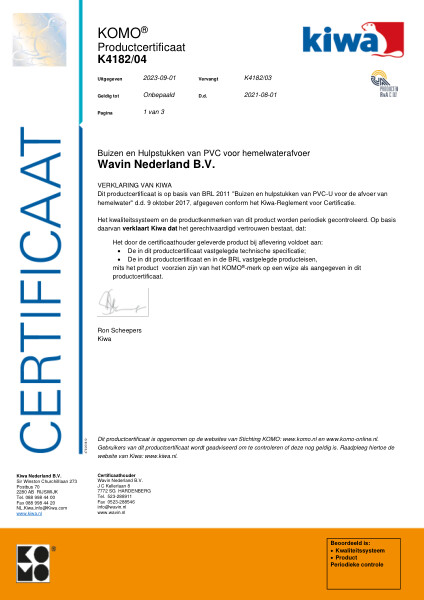 Certificaat KOMO K4182/04 Buizen en Hulpstukken van PVC voor hemelwaterafvoer