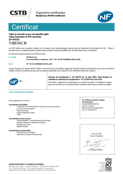 Certificat CSTB NF-E - Tubevac M