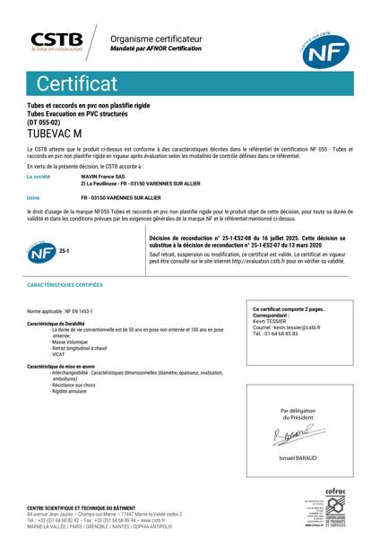 Certificat CSTB NF-E - Wavin Tubevac M