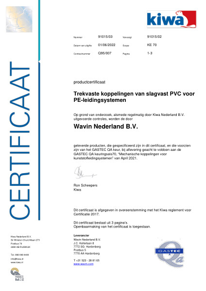 Certificaat GASTEC QA Q 95/007 K91015/03 Trekvaste koppelingen van slagvast PVC voor PE-leidingsystemen