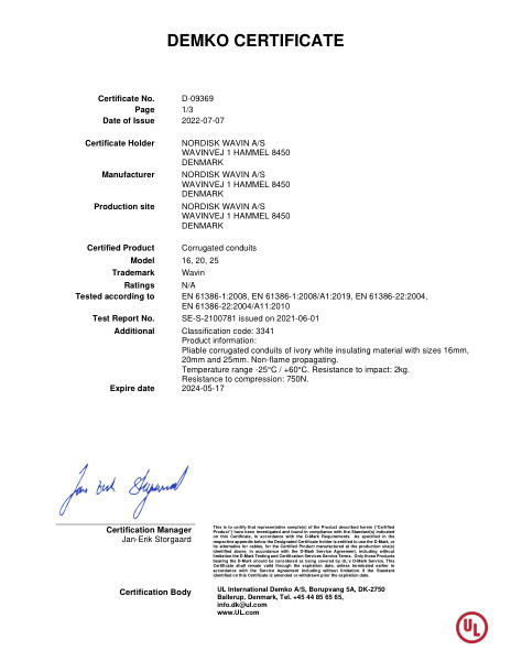 DEMKO certificate No. D-09369 – uPVC korrugerede kabelrør