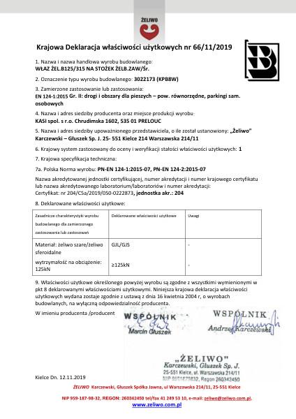 KDWU 66/11/2019-3022173 Właz żeliwny B125/315 na stożek żelbetowy