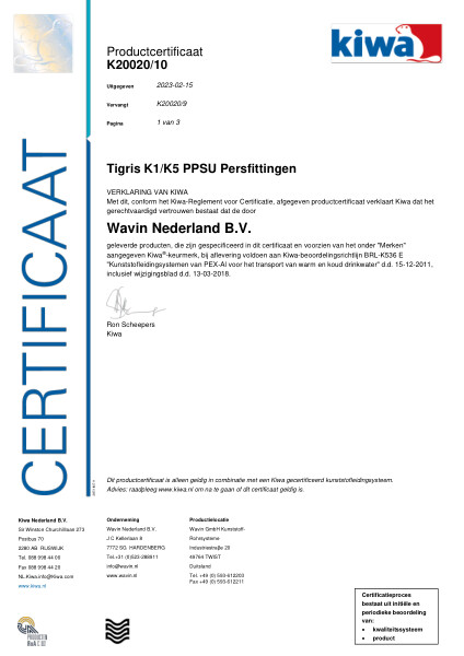 Certificaat Kiwa K20020/11 Tigris K1/K5 PPSU Persfittingen Ø14 - 75mm