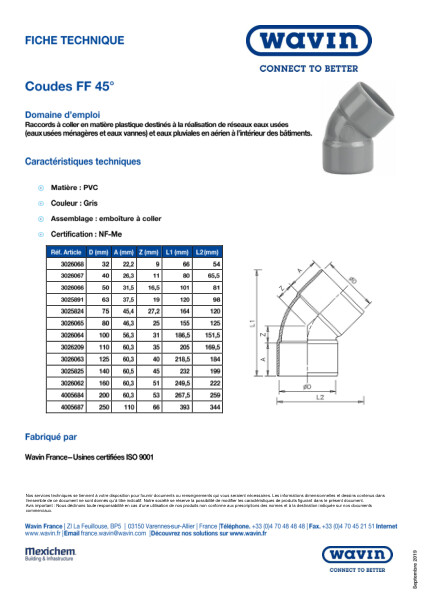 Fiche technique - Coudes FF 45°