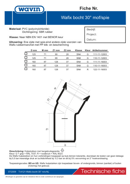 Technische fiche PVC Wafix bocht 30° / Fiche technique PVC coude 30° ms