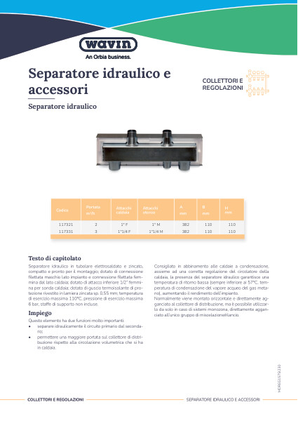 Scheda tecnica separatore idraulico e accessori