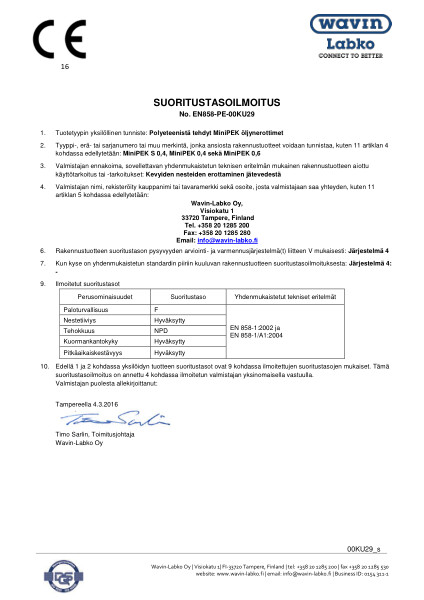 Suoritustasoilmoitus (DoP) - No. EN858-PE-00KU29 - MiniPEK S 0.4, 0.4 ja 0.6