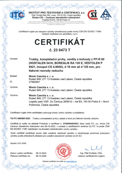 Certifikat Wavin PP-RCT vzduch