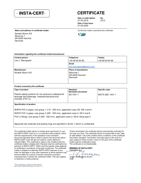 INSTA-CERT - No. 2013 - Plastic piping systems for non-pressure underground drainage and sewerage. Unplasticized pily(vinyl chloride) (PVC-U)