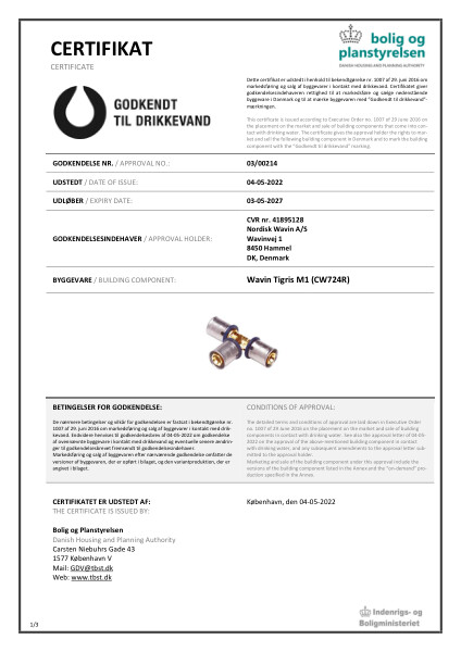 Godkendelse - No. 03/00214 - Godkendt til drikkevand - Wavin Tigris M1 fittings (CW724R)