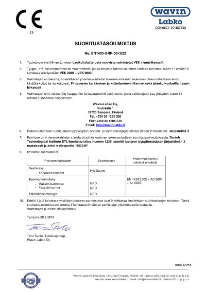 Suoritustasoilmoitus (DoP) - No. EN1433-GRP-00KU22 - VEK 2000 - VEK 8000